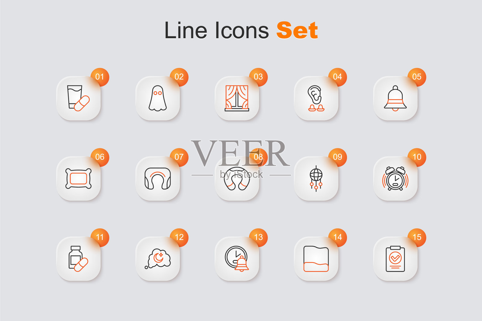 集线医疗处方，枕头，闹钟，梦想，安眠药，捕手与羽毛和旅行颈部枕头图标。向量插画图片素材