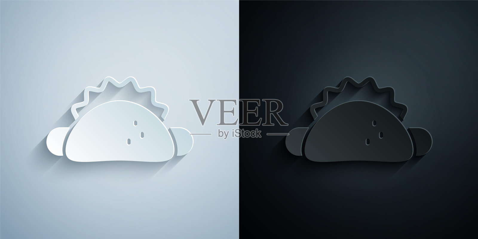 剪纸塔可与玉米饼图标隔离在灰色和黑色的背景。传统的墨西哥快餐菜单。纸艺风格。向量插画图片素材