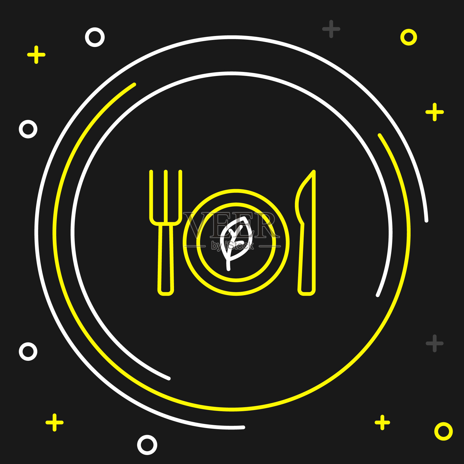 行素食饮食图标孤立的黑色背景。有机、生物、生态的象征。素食，不吃肉，不含乳糖，健康，新鲜，非暴力的食物。色彩缤纷的轮廓概念。向量插画图片素材