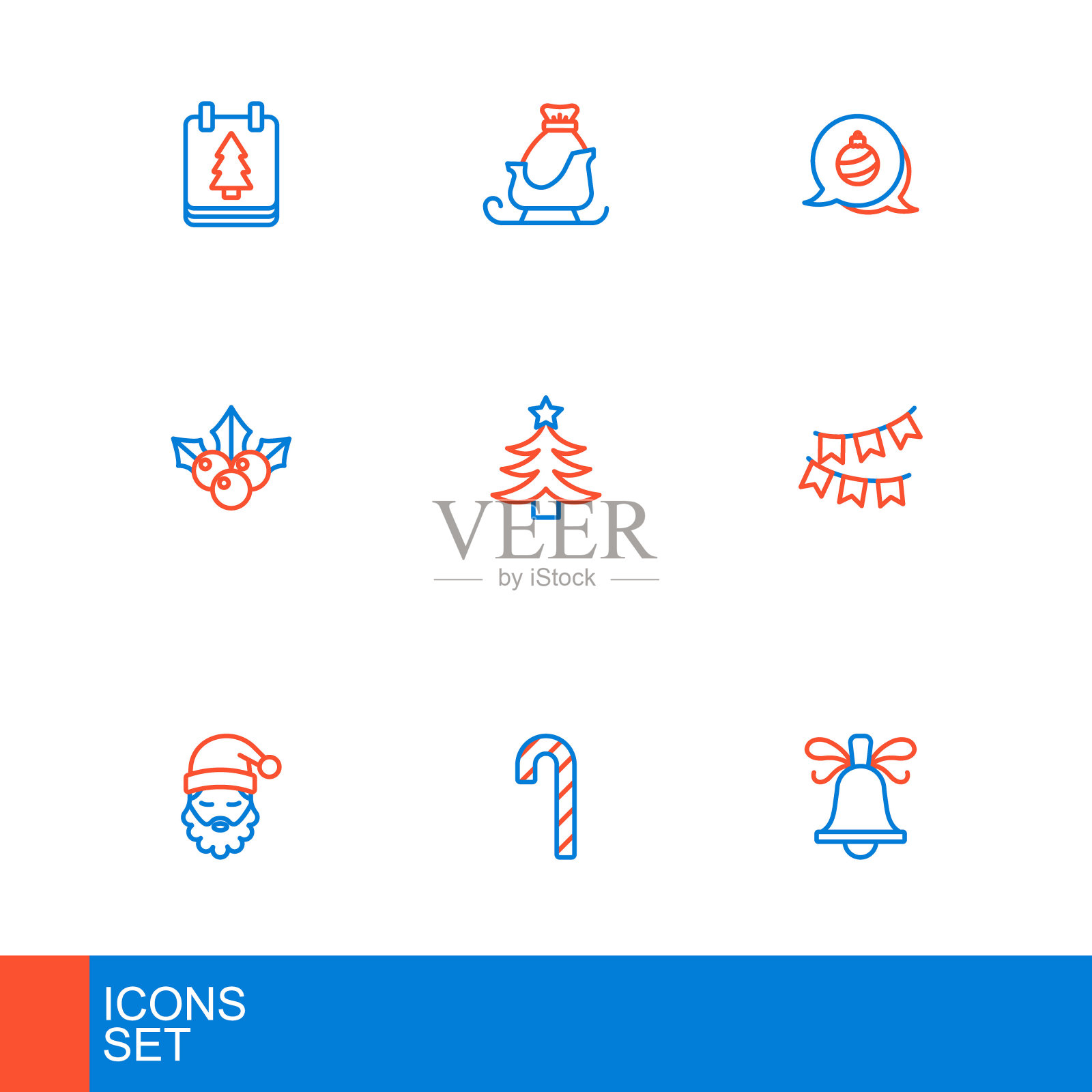 设置线圣诞钟声，糖果手杖与条纹，圣诞老人帽胡子，嘉年华花环旗帜，分支紫花苜蓿，树，球和圣诞老人雪橇图标。向量插画图片素材