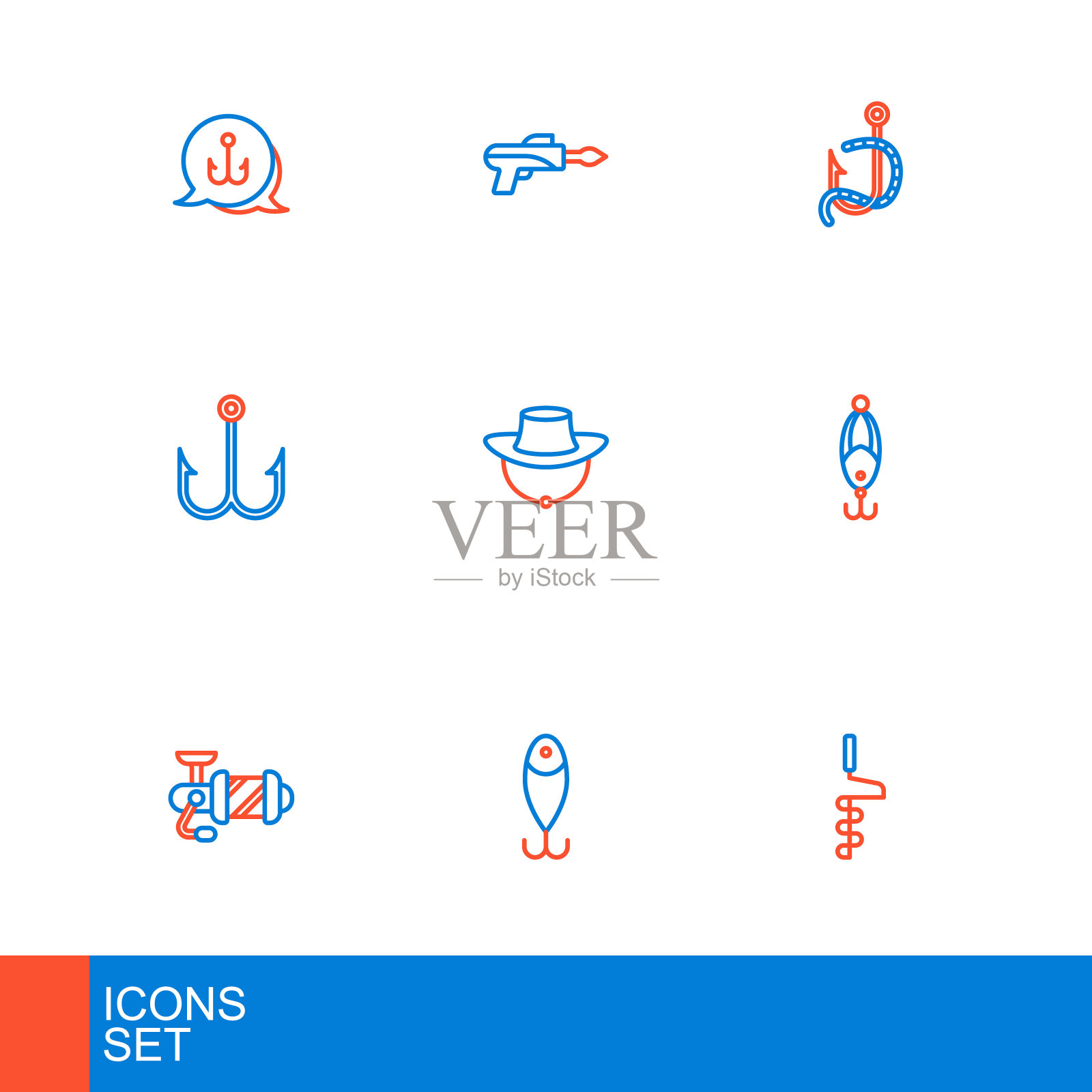 套线手冰钻，鱼饵，钓鱼用纺线盘，干货，鱼钩，鱼饵。向量插画图片素材