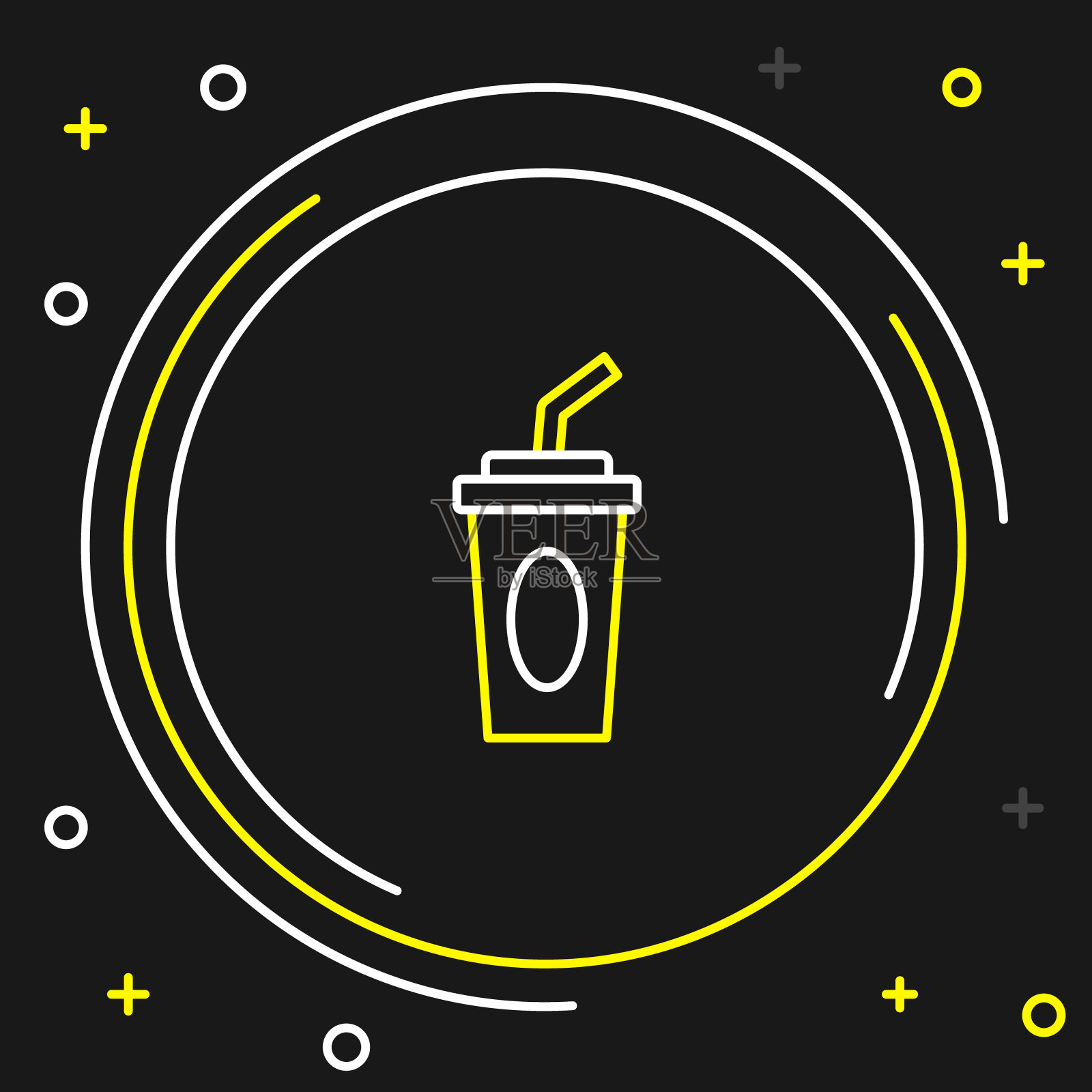 线条纸玻璃与饮用吸管和水图标隔离在黑色背景。汽水杯。新鲜冷饮标志。色彩缤纷的轮廓概念。向量插画图片素材