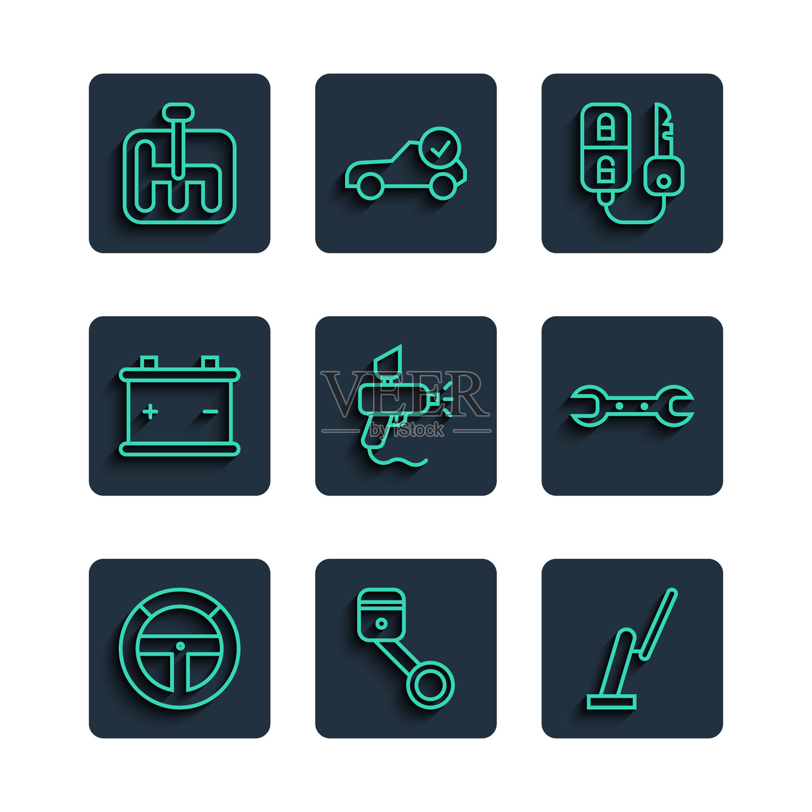 设置线方向盘，发动机活塞，雨刷，汽车钥匙与遥控器，喷漆枪，电池，变速杆和扳手图标。向量插画图片素材