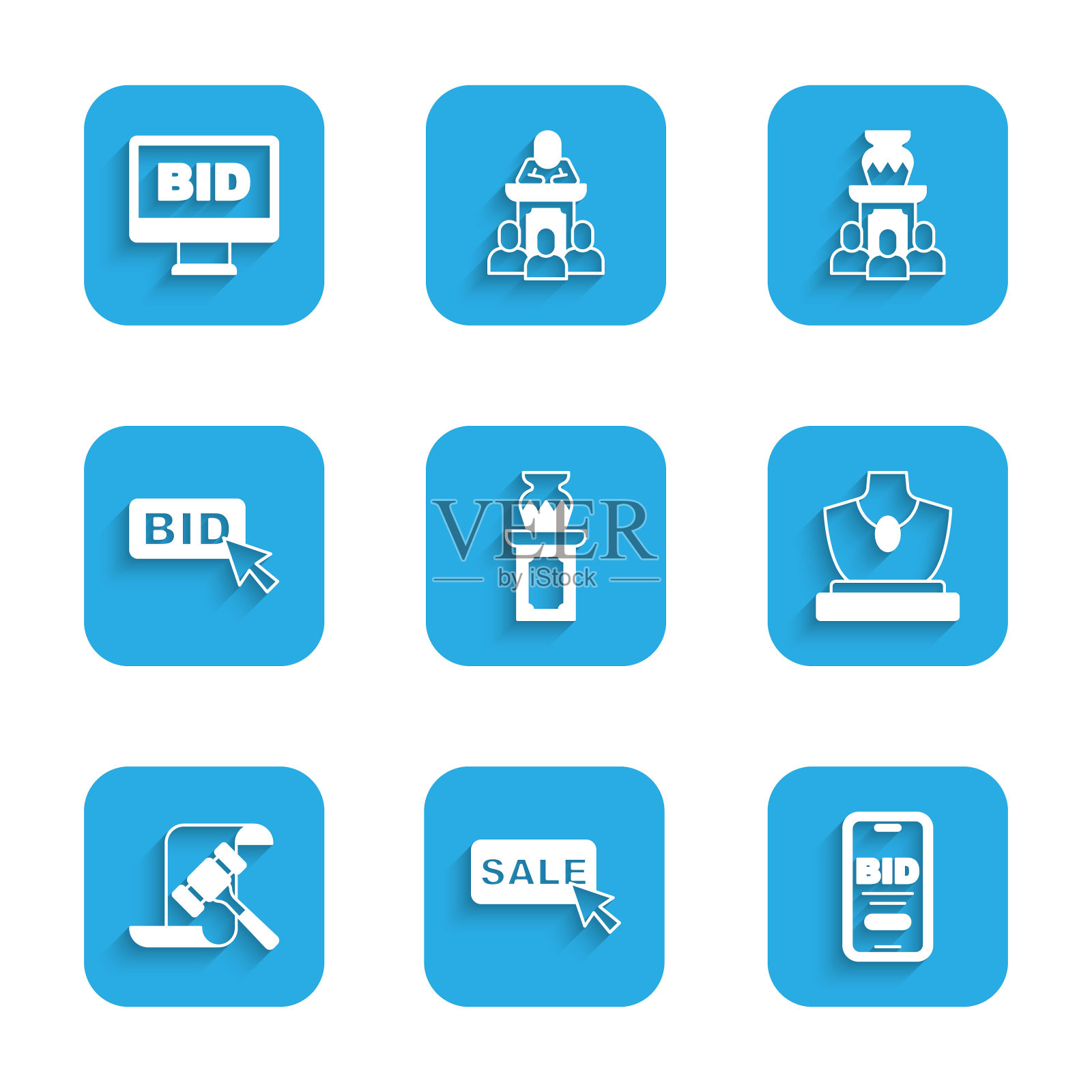 集拍卖古花瓶，价格标签与销售，网上拍卖，珠宝销售，锤子，出价，和图标。向量插画图片素材