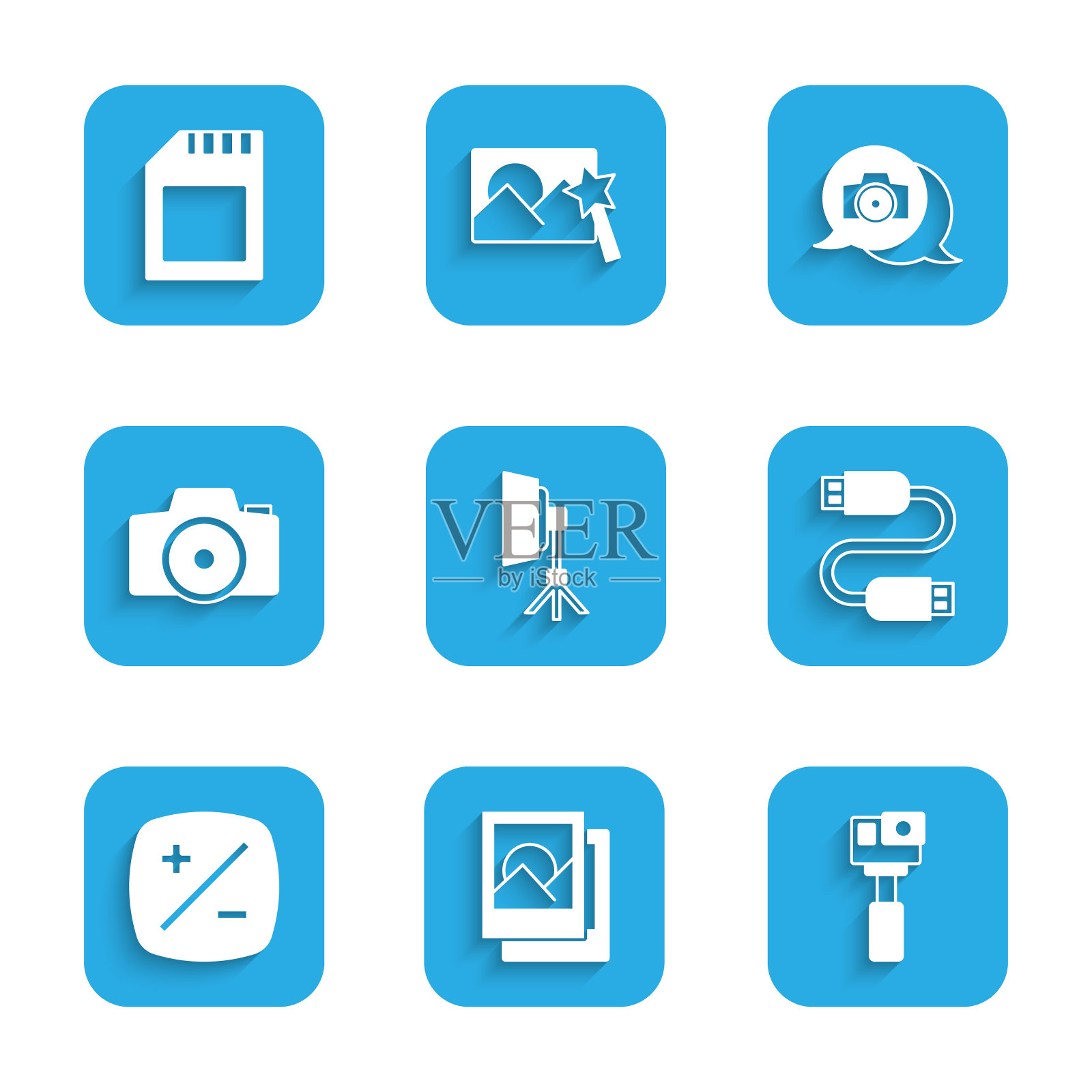 设置软箱灯，相框，动作相机，USB连接线，曝光补偿，和SD卡图标。向量插画图片素材