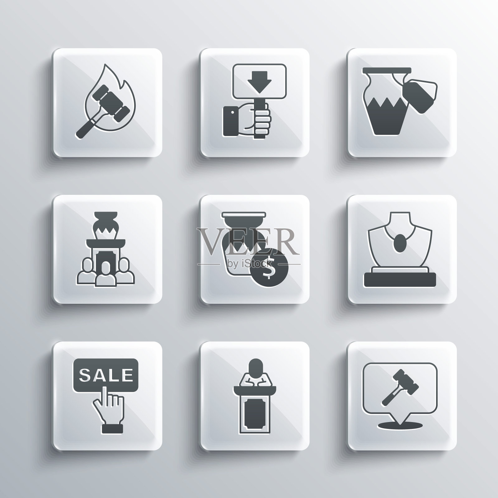 集拍卖拍卖师出售，锤子，珠宝销售，古代花瓶，价格标签与销售，和图标。向量插画图片素材