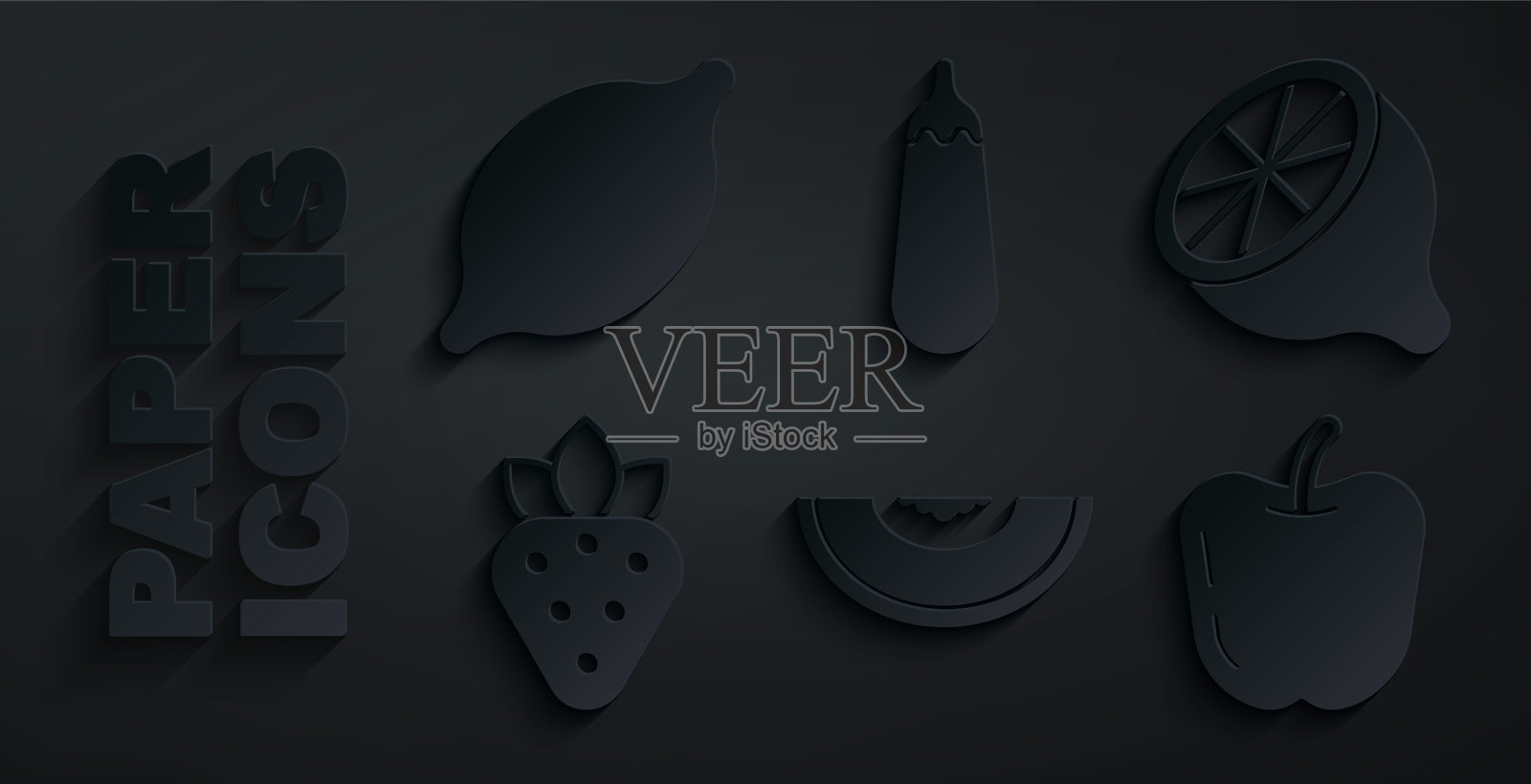 设置甜瓜水果，柠檬，草莓，苹果，茄子和图标。向量插画图片素材