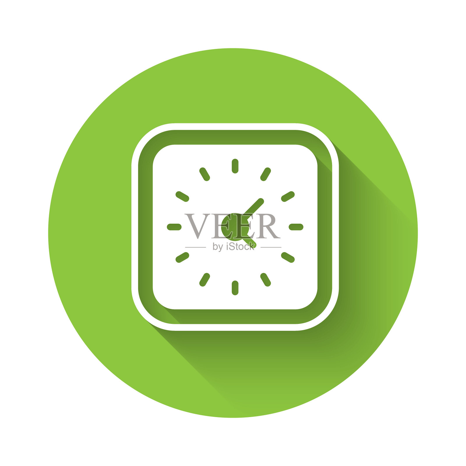 白色时钟图标孤立的长阴影。时间的象征。绿色圆形按钮。向量插画图片素材