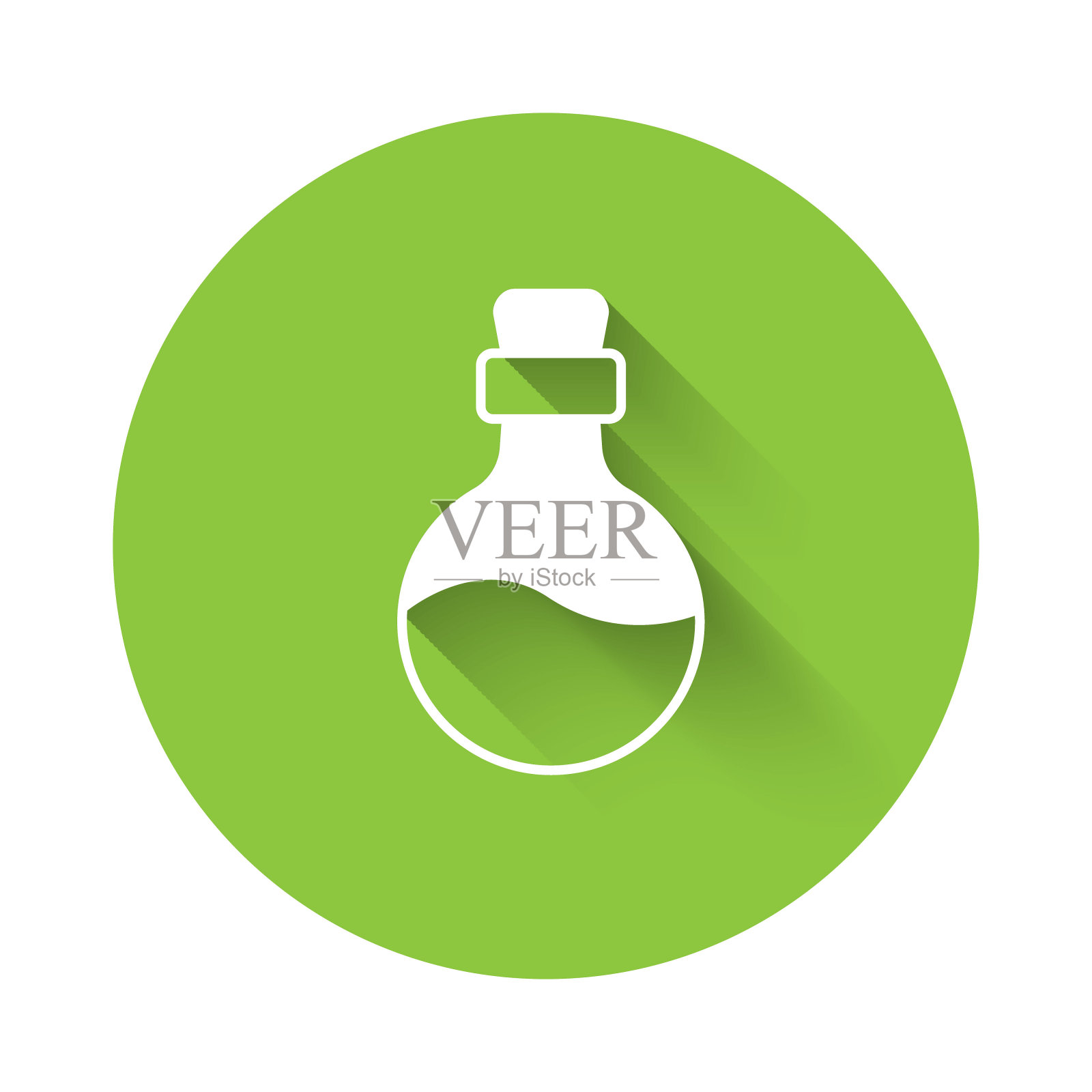 白色的瓶子与爱情药水图标隔离与长阴影背景。情人节快乐。绿色圆形按钮。向量插画图片素材