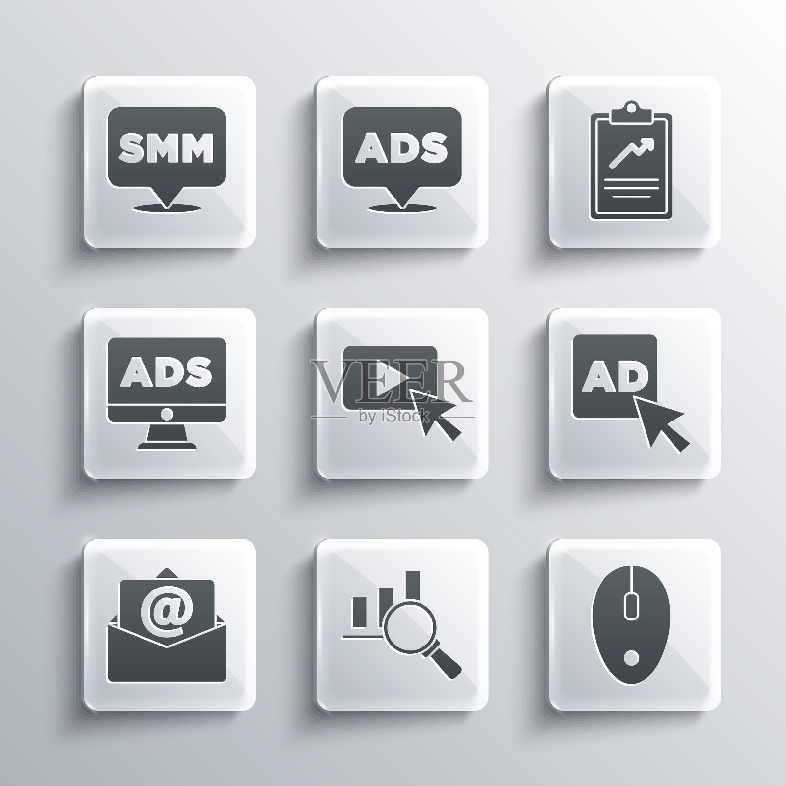 集放大镜和分析，电脑鼠标，广告，邮件电子邮件，社交媒体营销和剪贴板与图表图标。向量插画图片素材