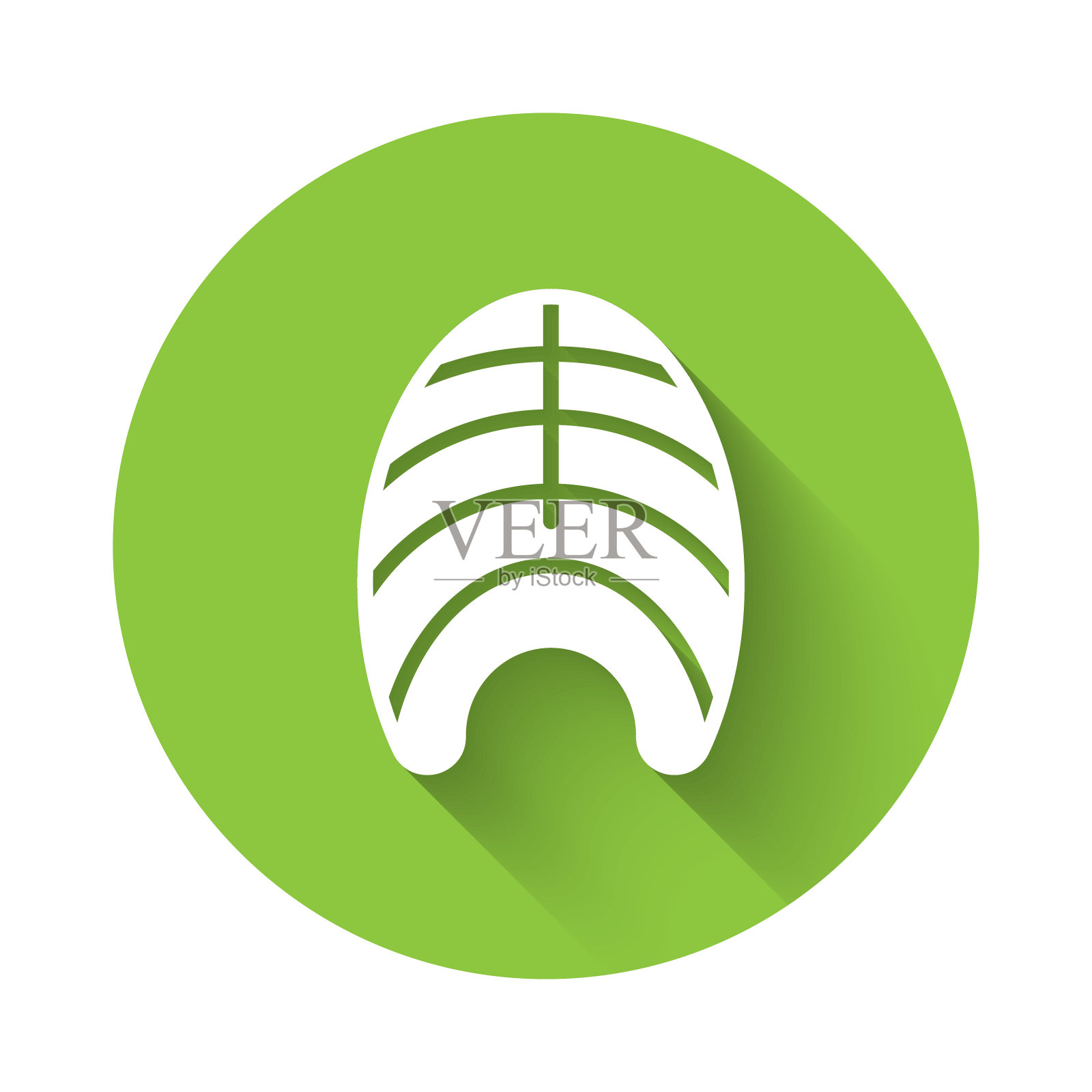 白鱼牛排图标孤立的长阴影背景。绿色圆形按钮。向量插画图片素材