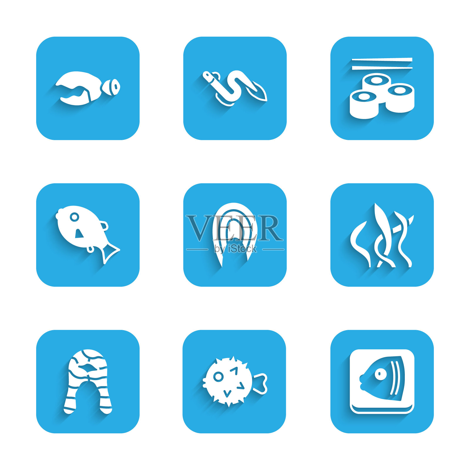 集鱼牛排，刺猬，头，海藻，热带鱼，寿司和龙虾或蟹爪图标。向量插画图片素材