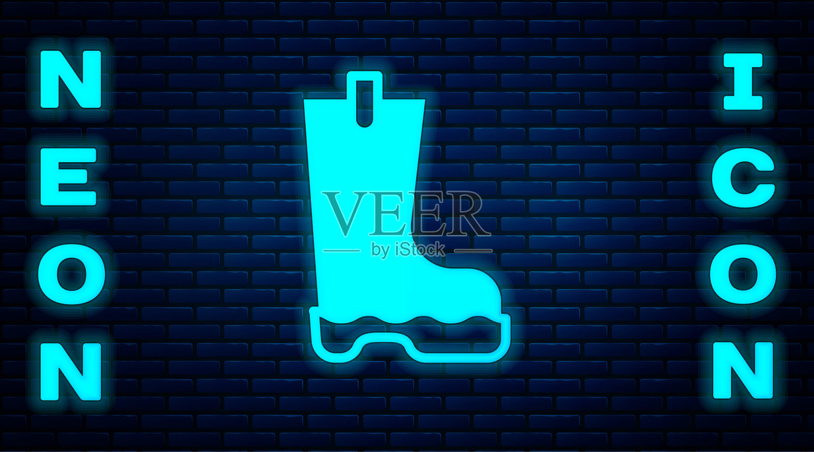 发光的霓虹防水橡胶靴图标孤立的砖墙背景。雨天、钓鱼、园艺时穿的胶靴。向量插画图片素材