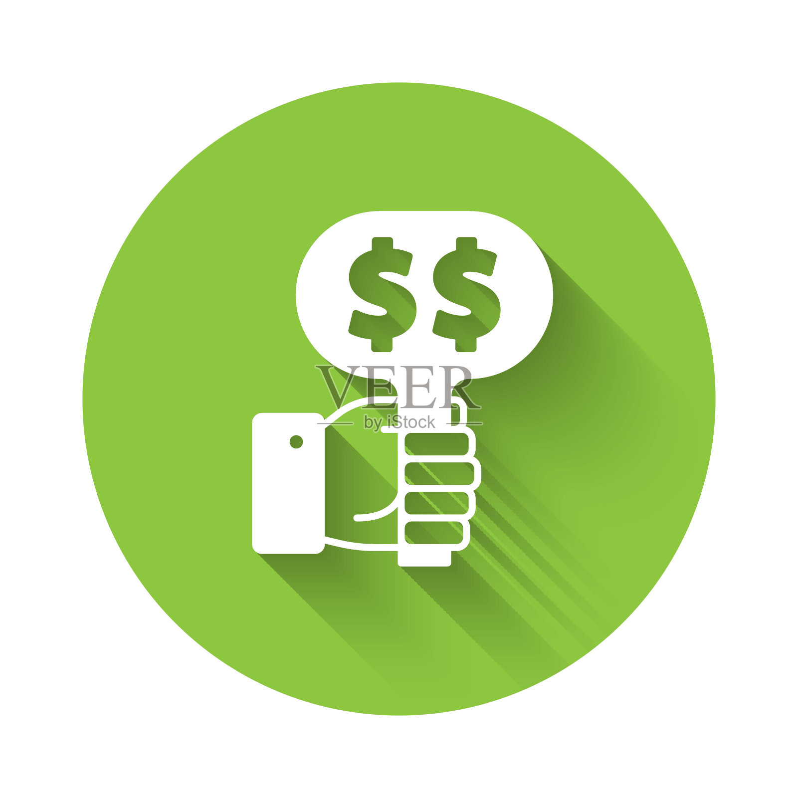 手持拍卖板长阴影背景图标，拍卖竞标概念绿色圆圈按钮矢量图插画图片素材