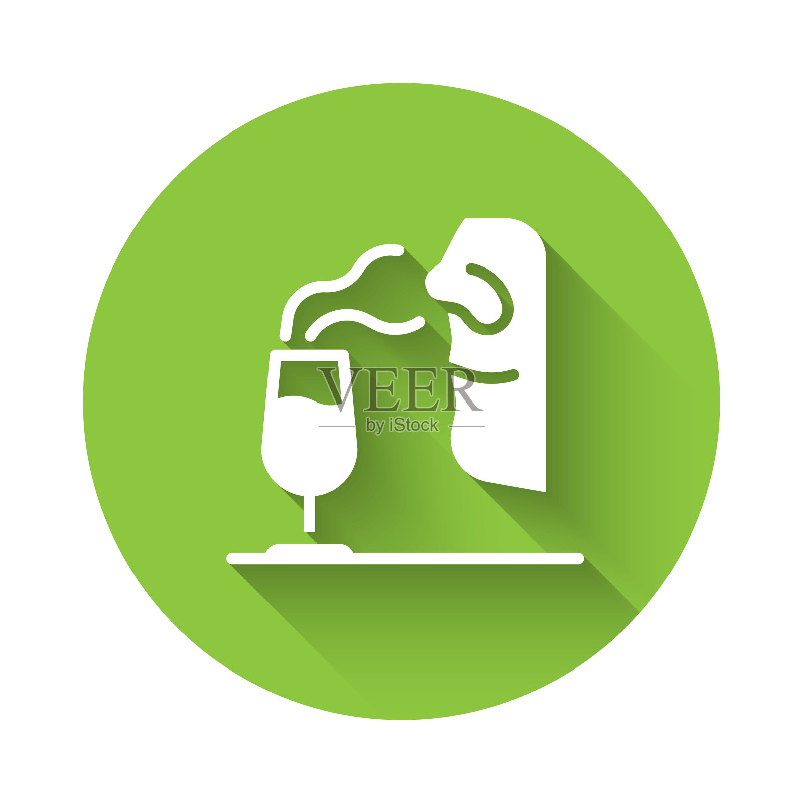 白色侍酒师图标孤立与长阴影背景。品酒，细细品味。有酒的味道。绿色圆形按钮。向量插画图片素材