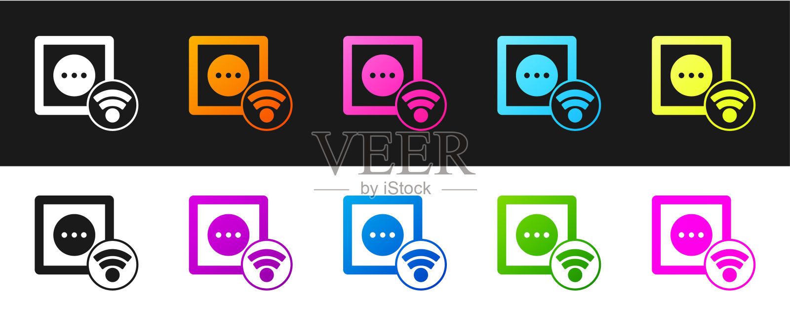 智能电源插座系统图标，隔离在黑白背景上。电源插座。物联网概念与无线连接。矢量插画图片素材