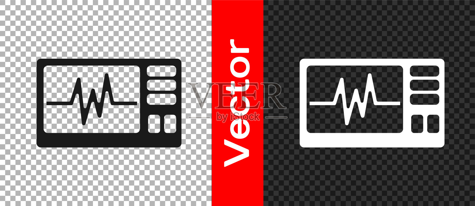 黑色电脑显示器与心电图图标隔离在透明的背景。监控图标。手写的心电监护仪。向量插画图片素材