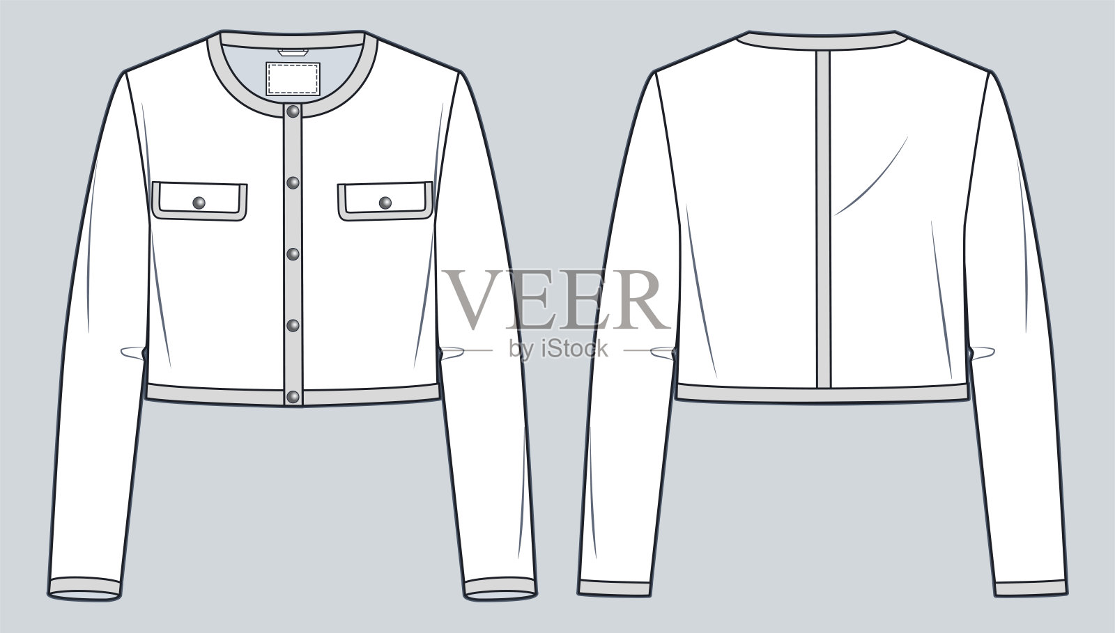短夹克技术时尚插画。夹克与钮扣时尚平面技术图纸模板，口袋，前后视图，白色，女装CAD模型。插画图片素材