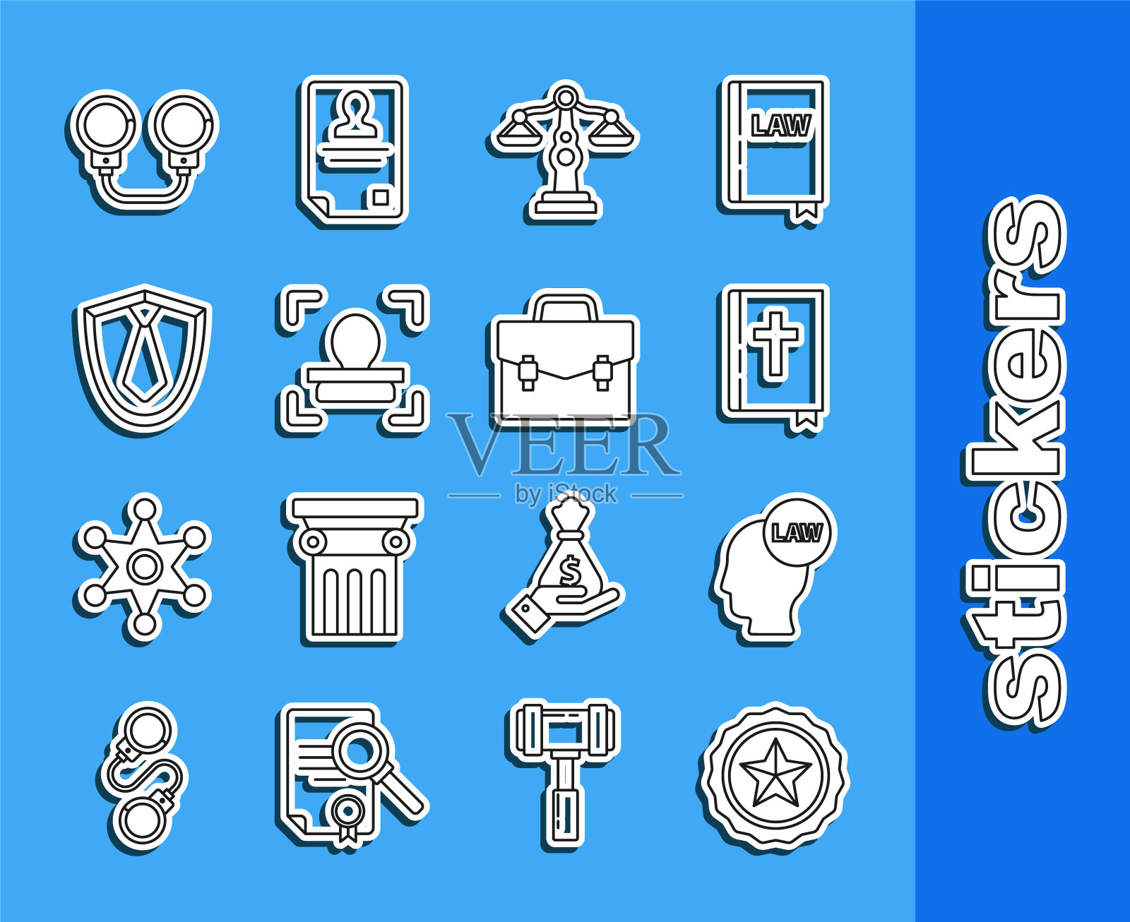 设置线警察徽章，头部与法律，圣经书，正义的尺度，面部识别，领带，手铐和公文包图标。向量插画图片素材