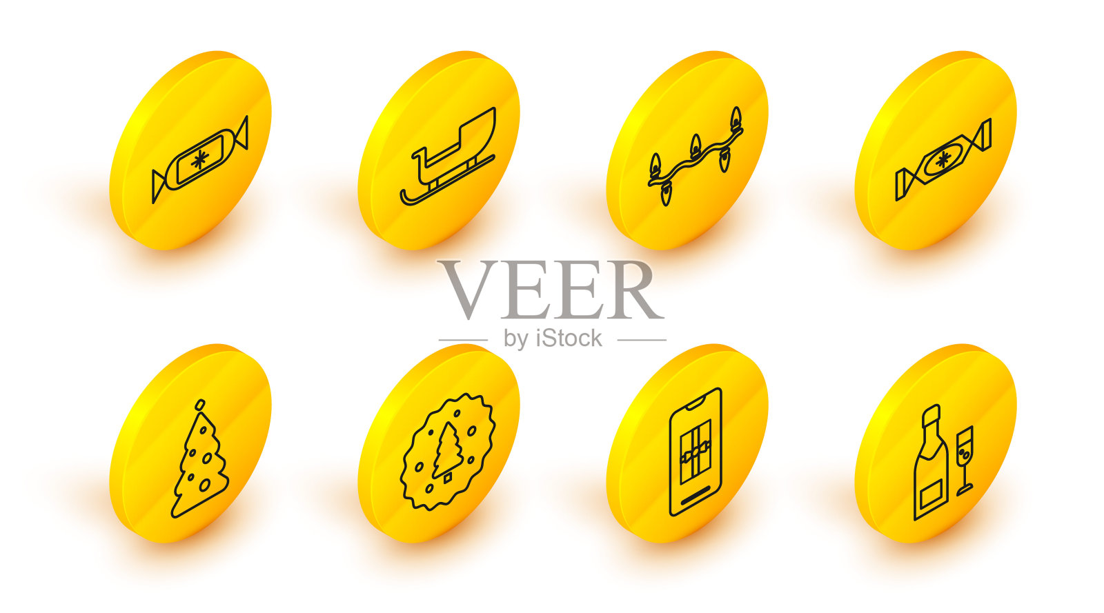 设线香槟瓶和香槟杯，智能手机与礼盒，饼干或饼干巧克力，圣诞树装饰，糖果，灯，圣诞老人雪橇和图标。向量插画图片素材