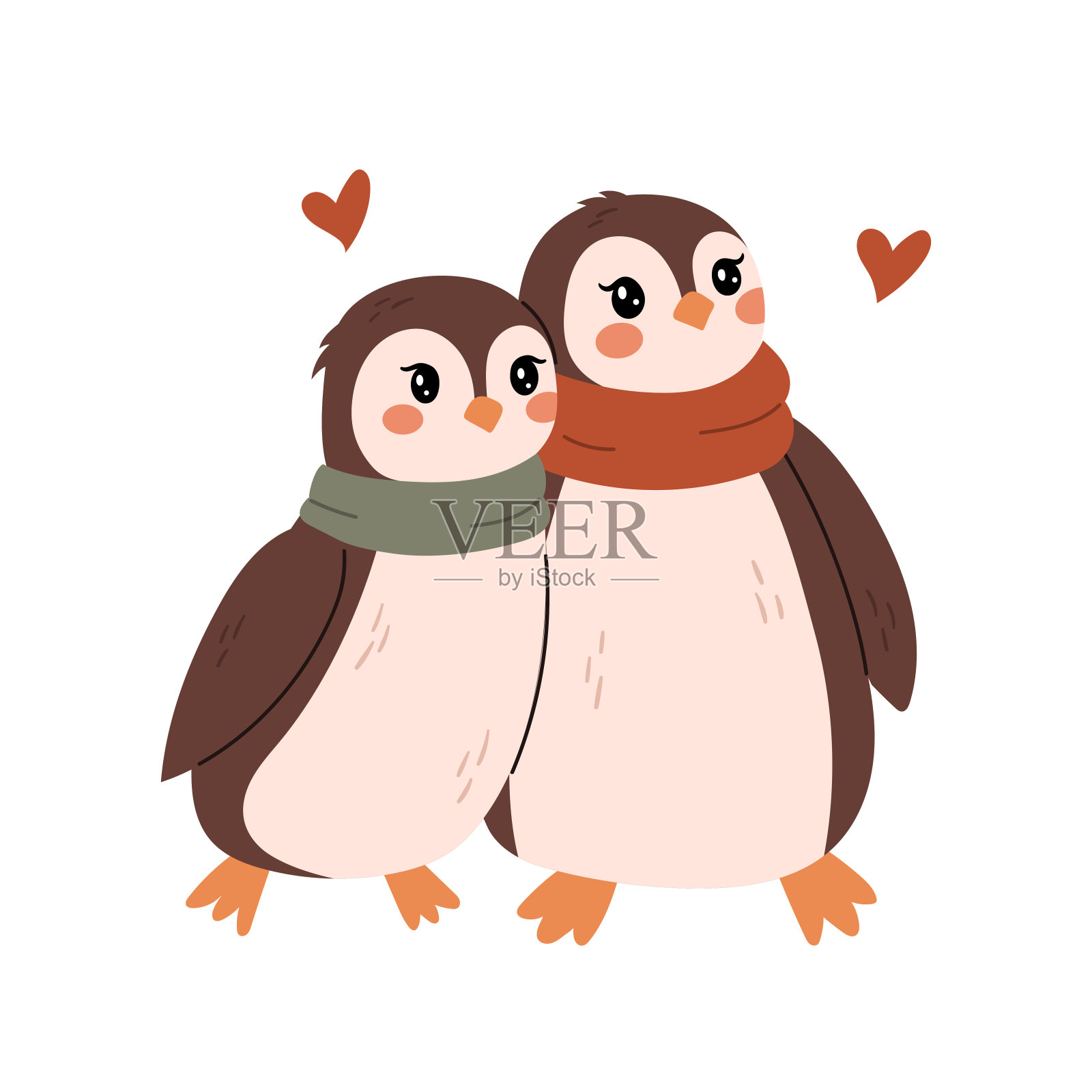 可爱的卡通企鹅夫妇在一个白色的背景插画图片素材