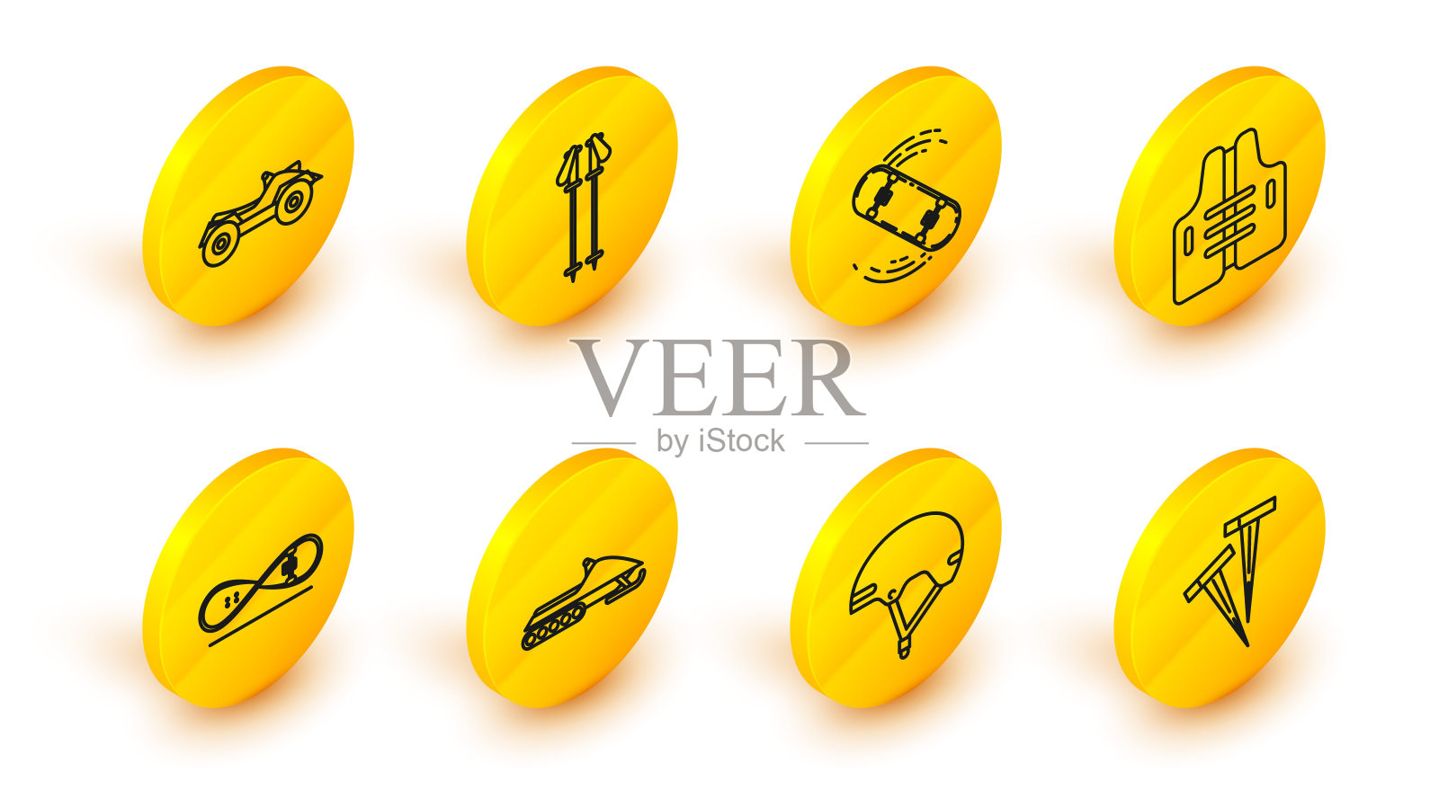 设置线钉帐篷，头盔，雪地摩托，滑板技巧，救生衣，滑雪杖和全地形车辆ATV摩托车图标。向量插画图片素材