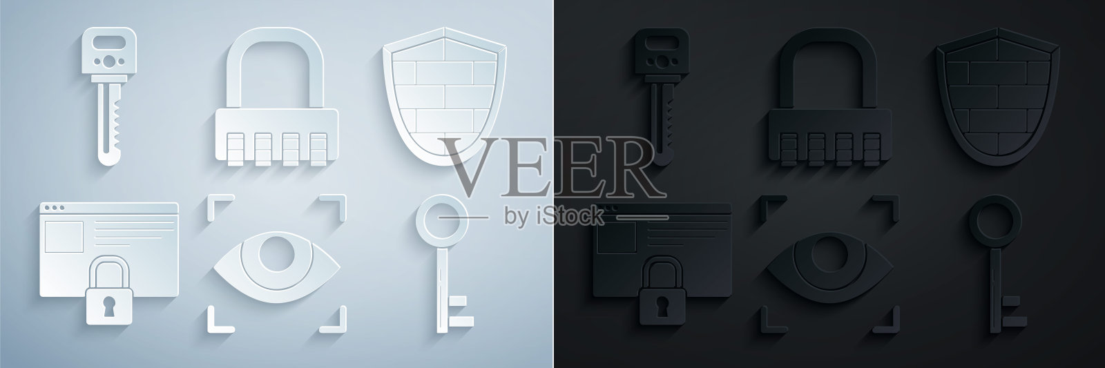 设置眼睛扫描，屏蔽与网络安全砖墙，保护您的网站HTTPS, SSL，密钥，安全的密码锁和图标。向量插画图片素材