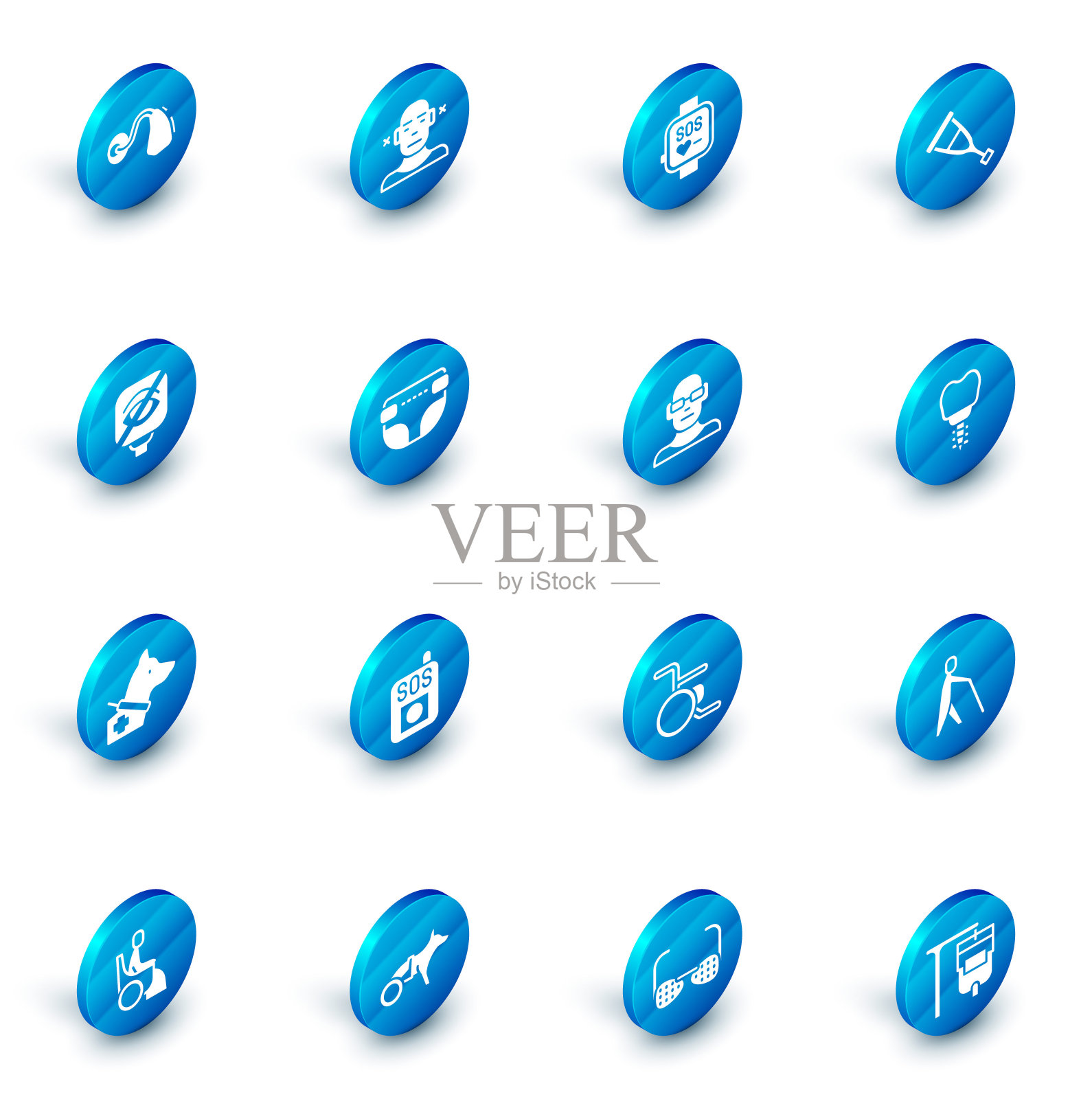 设置聋人，智能手表，拐杖或拐杖，失明，导盲犬，成人尿布，牙科植入物和视力差的图标。向量插画图片素材