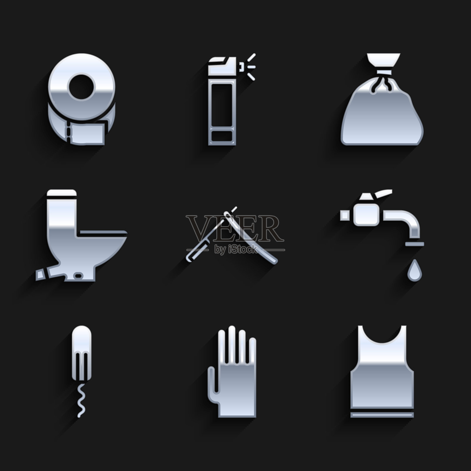 设置直刀，橡胶手套，无袖t恤，水龙头，卫生棉条，马桶，垃圾袋和纸卷图标。向量插画图片素材