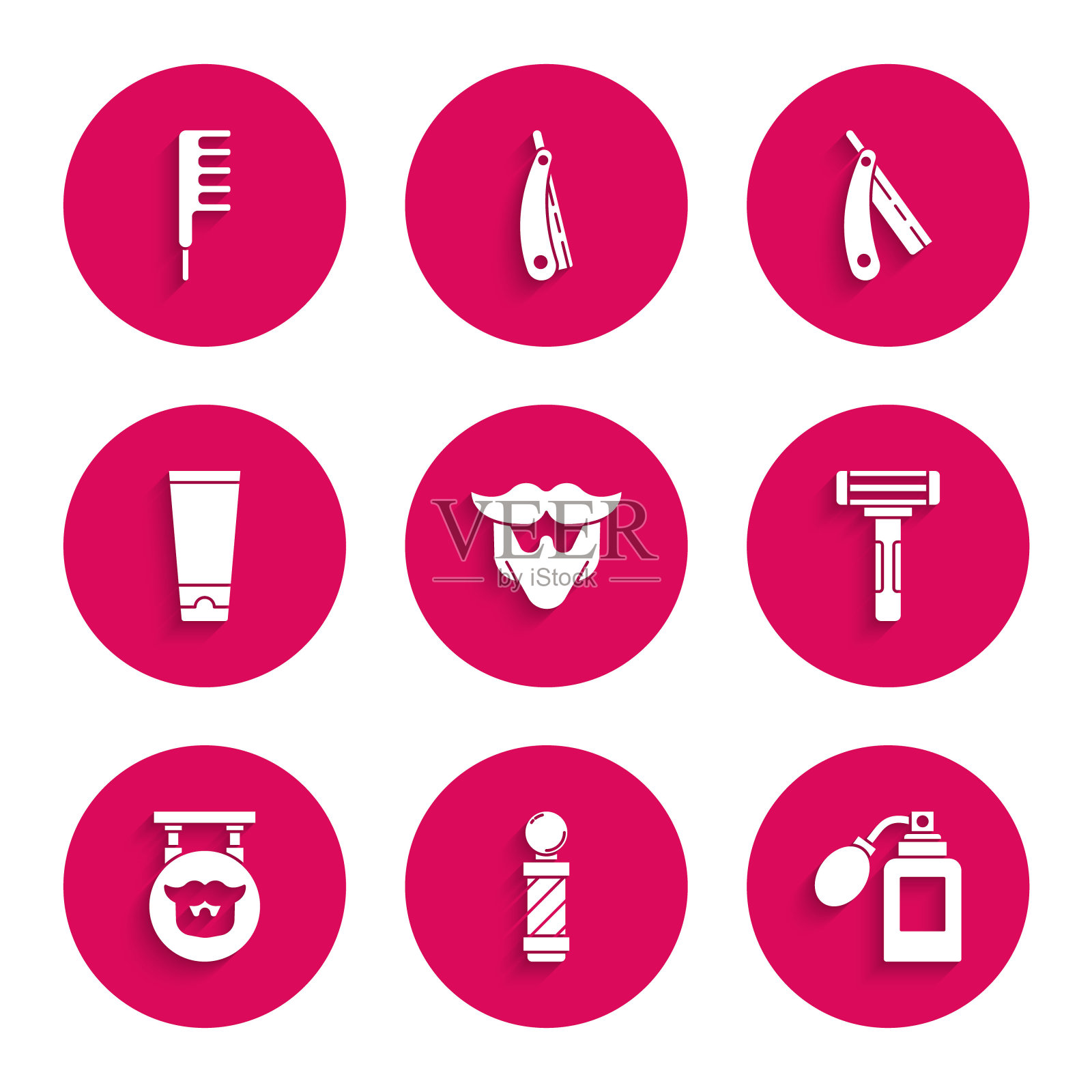 集胡子和胡须，经典理发店杆，须后水瓶与雾化器，剃须刀，理发店，霜乳液化妆品管，直和发刷图标。向量插画图片素材