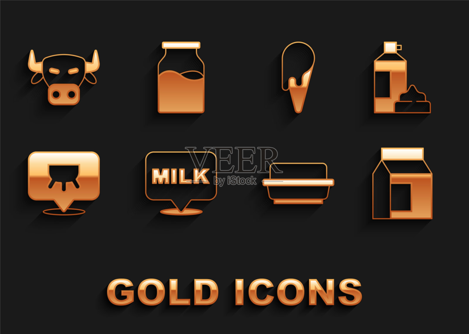 集刻字牛奶，鲜奶油瓶，纸包装，黄油黄油盘，乳房，冰华夫饼锥，牛头和瓶子与图标。向量插画图片素材