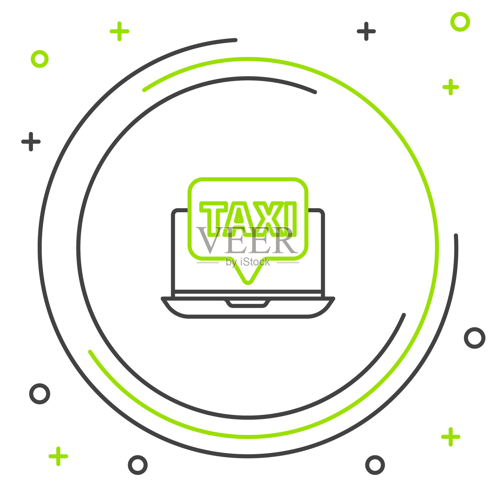 线笔记本电脑呼叫出租车服务图标孤立的白色背景。色彩缤纷的轮廓概念。向量插画图片素材