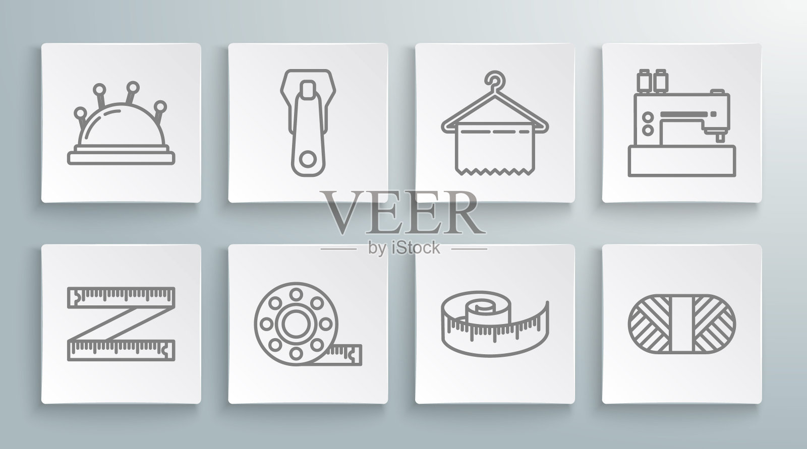 设置线卷尺，拉链，缝纫线线轴，衣架衣柜，机器和针床和针图标。向量插画图片素材