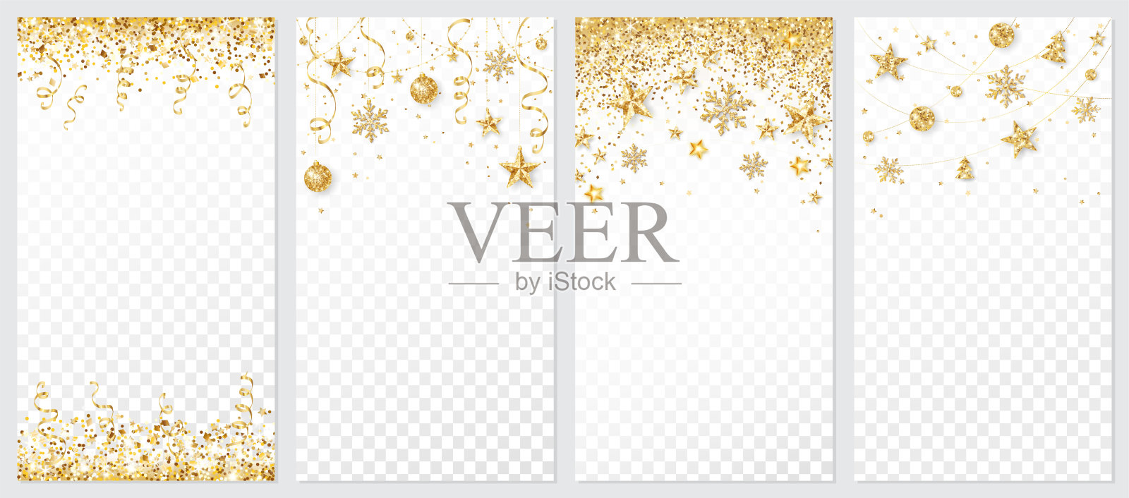 收集节日装饰。金色闪光的镜框，边框。彩带上的五彩纸屑，雪湖上的圣诞装饰品。插画图片素材