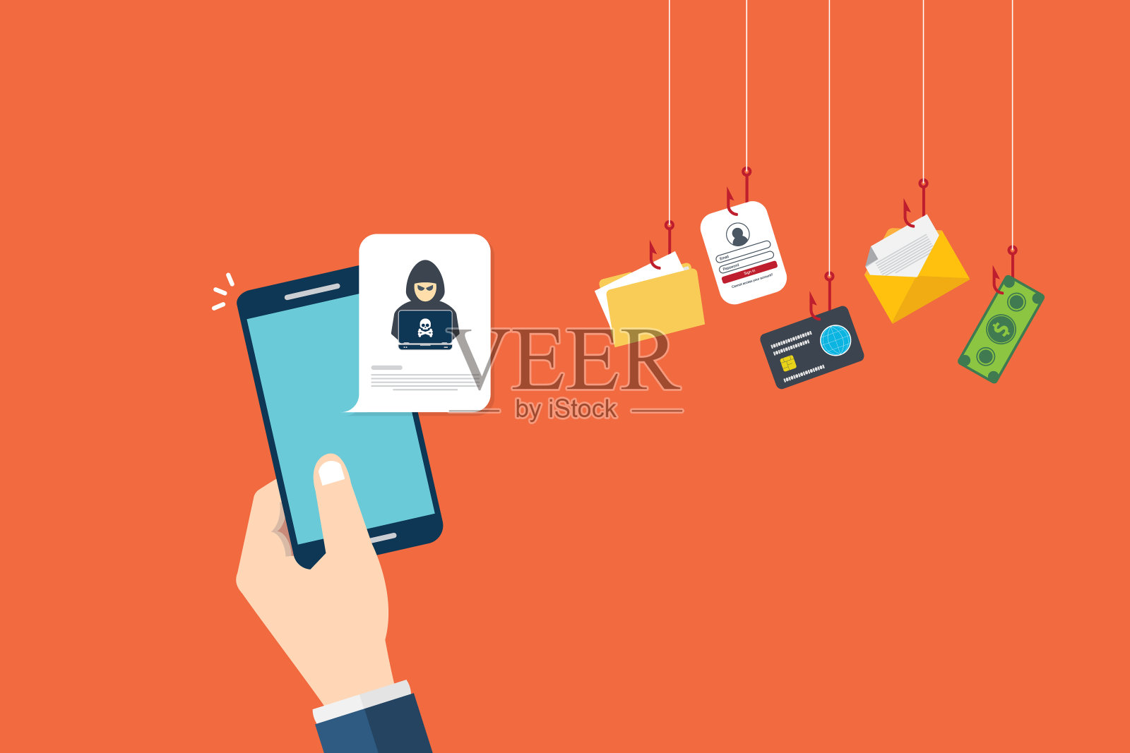 黑客，手机上的恶意软件通知。智能手机上有黑客警报，手机上的垃圾数据诈骗错误信息，诈骗，病毒。平面矢量插图。插画图片素材