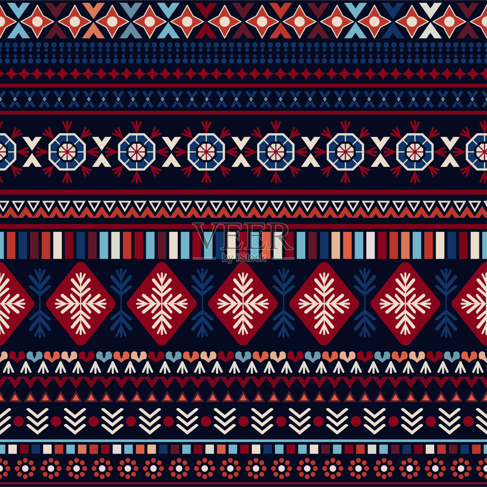 圣诞装饰无缝图案。斯堪的纳维亚圣诞几何图案。带有装饰元素的几何抽象壁纸。适用于纺织、织物、网、纸、地毯、地毯、请柬、墙纸等插画图片素材