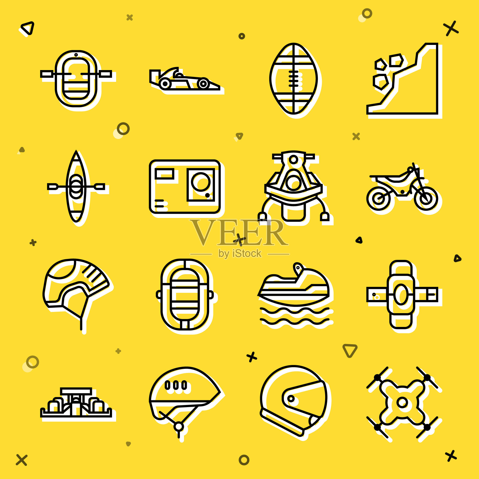 设置线无人机飞行，护膝，山地自行车，橄榄球，动作极限相机，皮艇或独木舟，漂流船和雪地摩托图标。向量插画图片素材