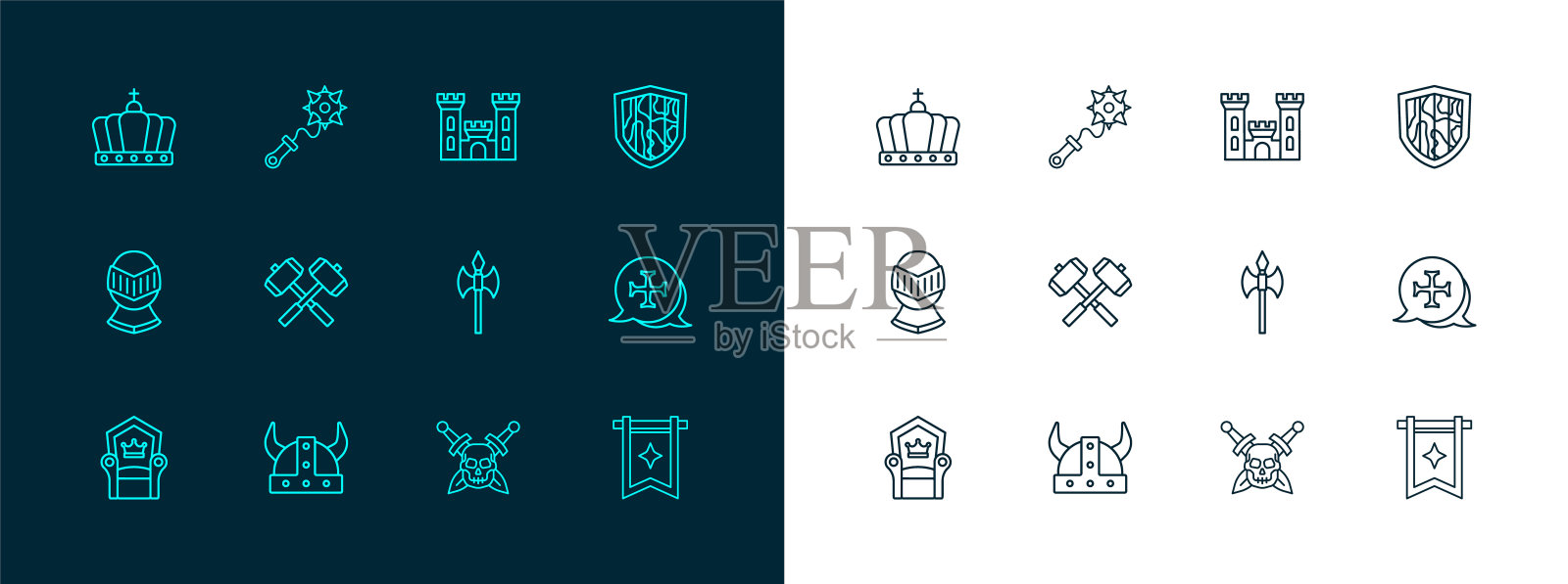 设线盾，海盗在角盔，中世纪的斧头，头骨与剑，交叉战锤，城堡，国王王冠和狼牙棒刺图标。向量插画图片素材
