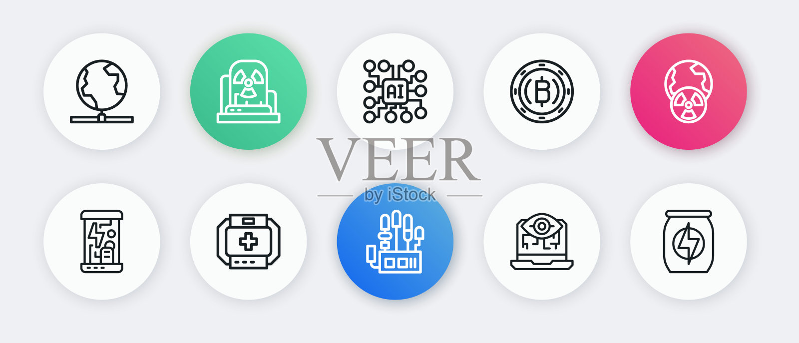 系列:机械机械手，行星地球辐射，低温胶囊，计算机视觉，加密货币比特币，神经网络，能量饮料，急救箱图标。向量插画图片素材