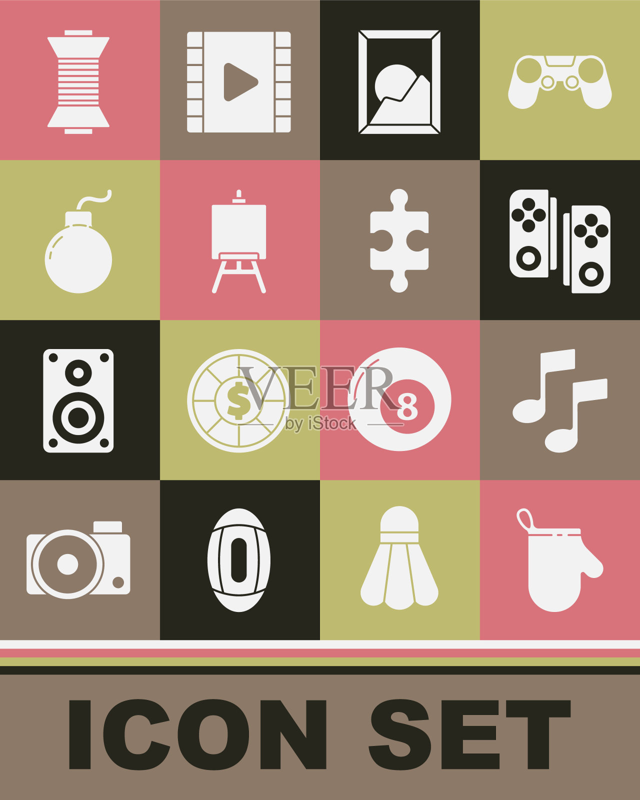 集烤箱手套，乐谱，音调，手柄，图片景观，画架或绘画艺术板，炸弹准备爆炸，缝纫线线轴和拼图图标块。向量插画图片素材