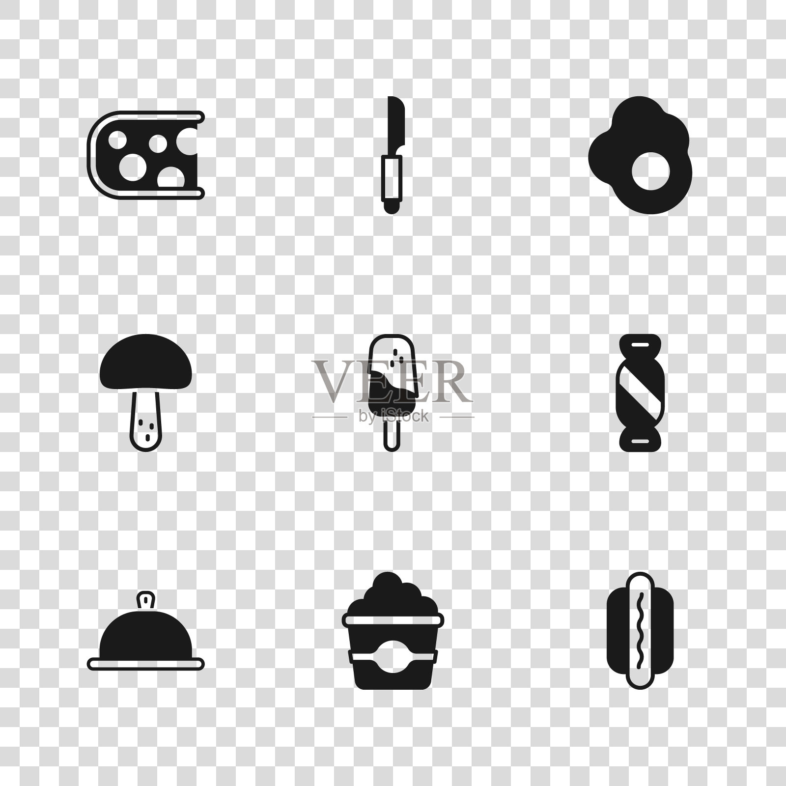 设置爆米花纸箱，糖果，热狗，冰淇淋，炒蛋，奶酪，刀和蘑菇图标。向量插画图片素材