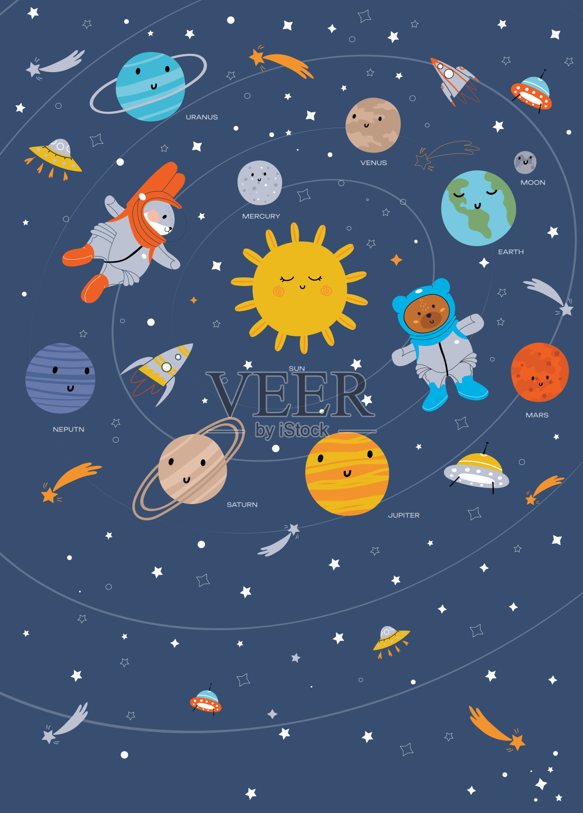 太阳系的行星。有行星和两个卡通人物的太空。宇宙星。太空中的野兔和熊。平面矢量图插画图片素材