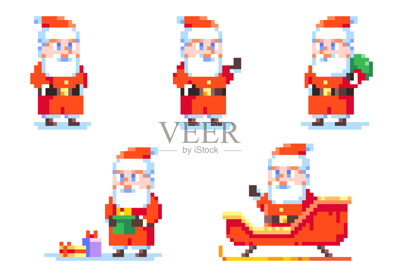 像素艺术圣诞老人角色套装，复古8位风格圣诞快乐新年冬季节日插画，适用于贴纸、复古装饰元素、游戏素材、表情符号和头像插画图片素材