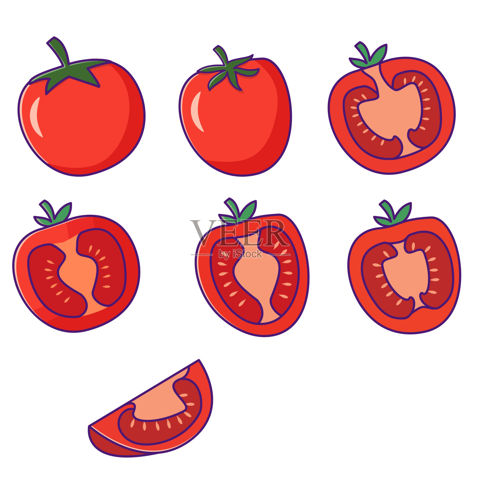新鲜的西红柿。红番茄收藏。蔬菜片和一个完整的西红柿。插画图片素材