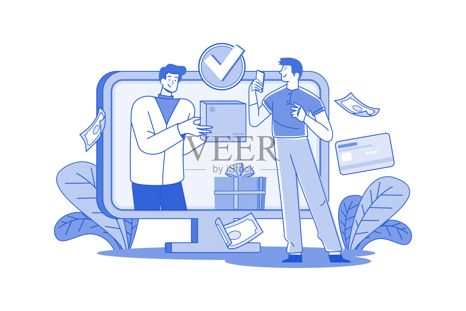 这名男子通过电脑屏幕直接从卖家那里收到了商品。插画图片素材