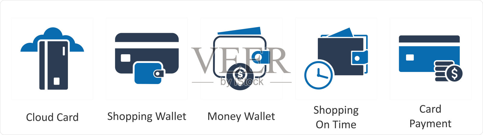 一套5个商业图标作为云卡、购物钱包、钱夹插画图片素材