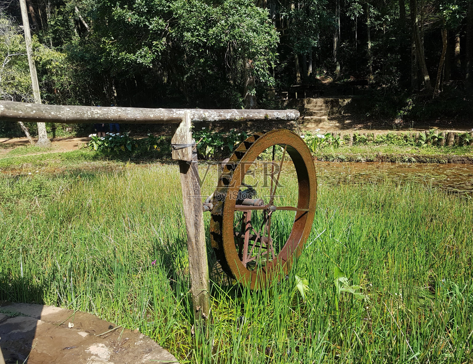 公园里的水磨轮。照片摄影图片