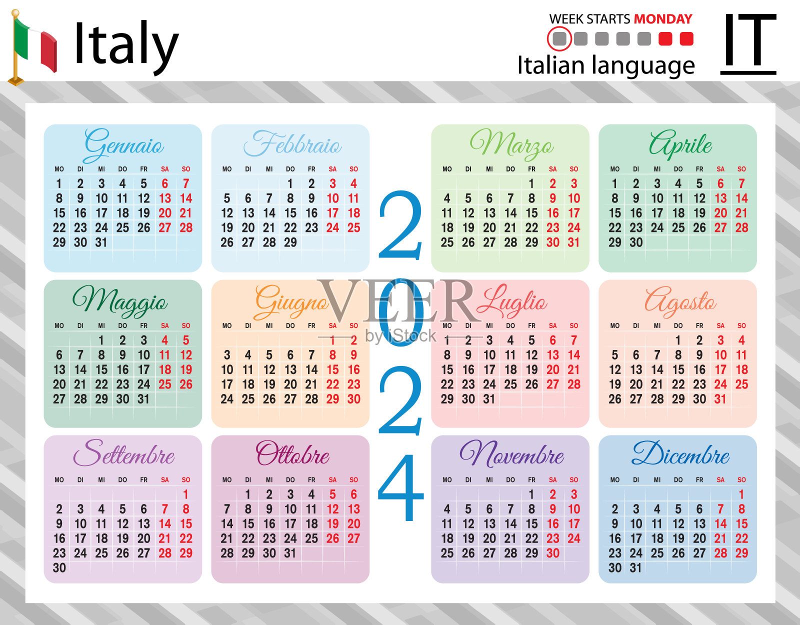 2024年意大利横口袋日历。下周一开始插画图片素材