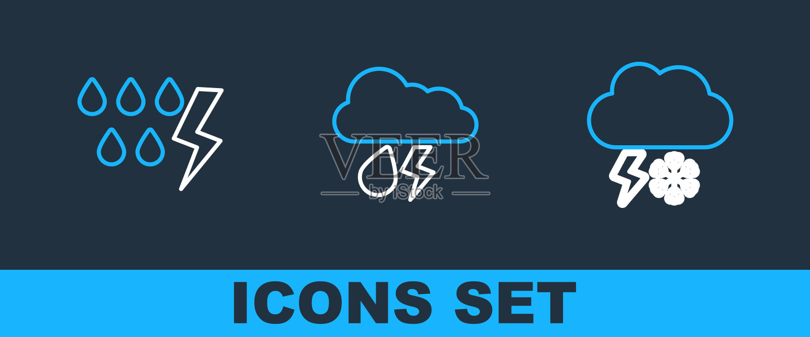 设置线云与雪和闪电，风暴和雨的图标。向量插画图片素材