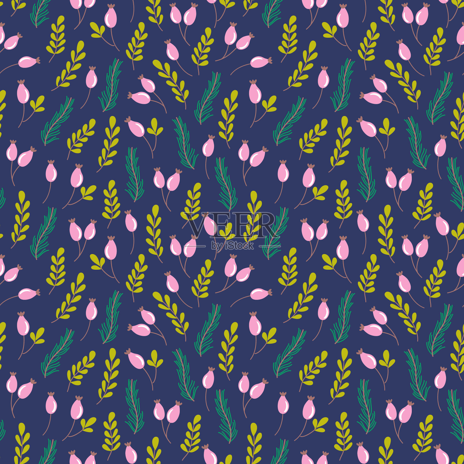 无缝图案与冷杉树枝，树叶和浆果。美丽的植物背景。矢量插图包装纸，纺织品，剪贴簿。插画图片素材